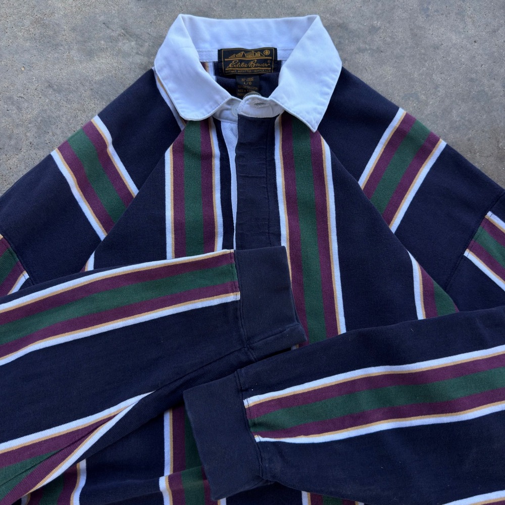 Vintage 90s Eddie Bauer Rugby Shirt Vertical Stripe Navy Green Large L2
